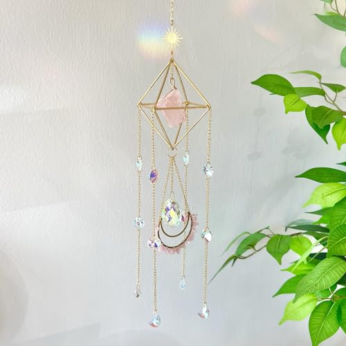 Kristall Sonnenfänger Rosenquarz Spirituell Sonnenfänger Hängend für Fenster Regenbogen Maker Kristall Indoor Garten Home Decor Natürlicher Edelstein Boho Dekor (Rosenquarz) von Pozbee
