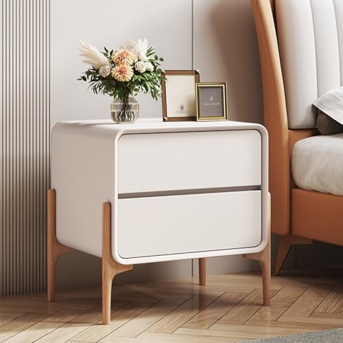 Nachttisch Massivholz Modern Nachtschrank Mit 2 Schubladen Nachttisch Weiß Holz Beistelltisch Mit Kunstleder-Oberfläche Nachtkommode 50cm Breit Nachtschränkchen Weiss Für Wohnzimmer Schlafzimmer von Pquaezortic