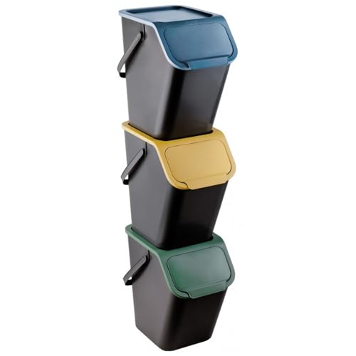 Practic Bini 3-er Mülleimer-Set, Müllbehälter, Stapelbar, Deckel mit Klick-System, Küche Mülltrennsystem 3x Mülleimer mit Deckel 3x25L von Practic