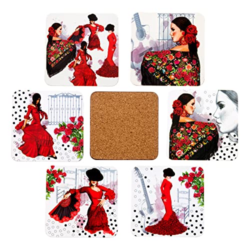 6er-Set Giordano di Ponzano® Untersetzer für Gläser, Tassen, Blumen oder Kerzen auf Ihrem Tisch mit Korkboden. Quadratisch 10 cm. Ausgabe (Flamenca) von PracticDomus