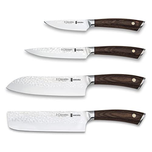 PracticDomus - 3 Claveles - Set mit 4 professionellen geschmiedeten Messern mit Pakka-Griff (4 x Sakura) von PracticDomus