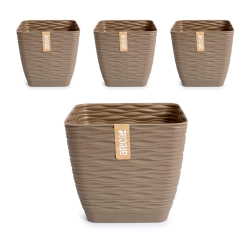 PracticDomus Set mit 4 dekorativen quadratischen Blumentöpfen Wind mit integrierten Tellern (17 cm, Taupe) von PracticDomus