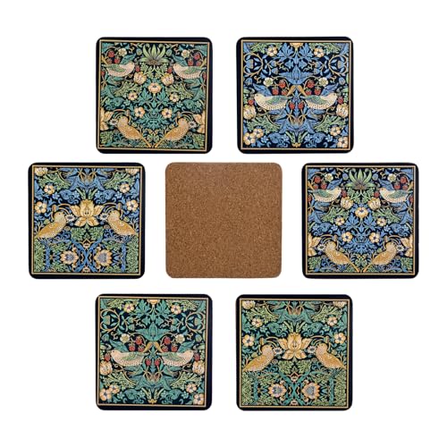 PracticDomus Set mit 6 Untersetzern Premium Design für Gläser, Tassen oder Kerzen auf Ihrem Tisch mit Korkfuß, quadratisch, 10 cm, Edition (William Morris) von PracticDomus