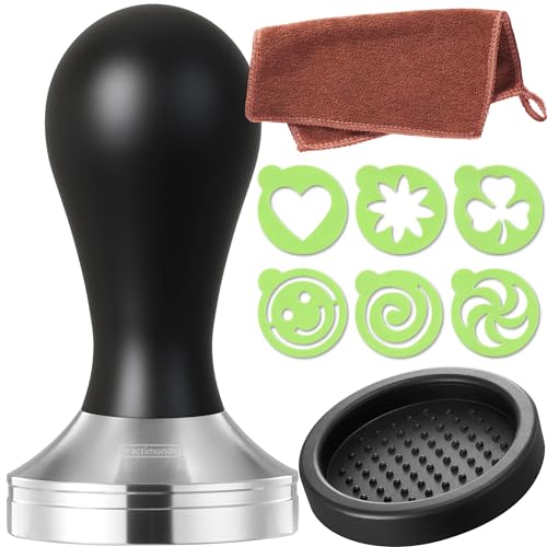 Practimondo 51mm Espresso Tamper Set inkl. Tampermatte und Deko-Schablonen - Der Deluxe Kaffeemehlpresser für Siebträger Kaffeemaschine - Premium Barista Edelstahl Kaffeedrücker Espresso-Stempel von Practimondo