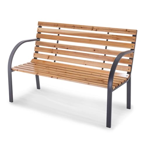 Practixx Gartenbank Holz Metall wetterfest Anthrazit 2-Sitzer mit Rücken- & Armlehnen, Bank aus Holz & Stahl, 119,5 x 62 x 83 cm, Sitzbank klassisch für Garten, Balkon, Terrasse | mit 2 Streben von Practixx