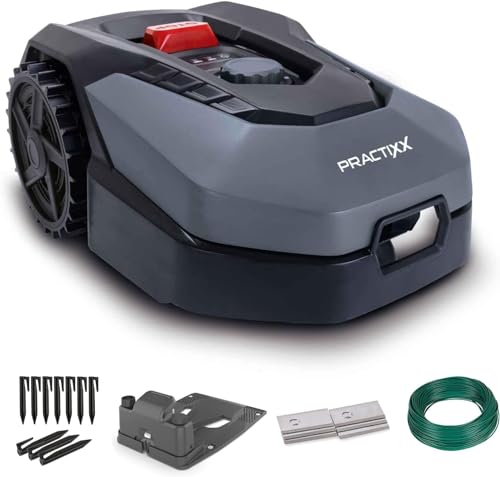 Practixx Mähroboter bis zu 600 qm² | 18cm Schnittbreite | 20-60 mm Schnitthöhe | Regensensor | Kantenmähen | Wireless | App-gesteuert | Digitale Anzeige | 35% Steigung | PX-RRM-600Wi Akku Rasenmäher von Practixx
