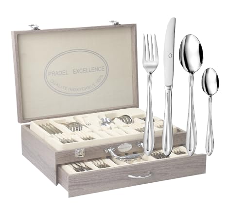 Pradel Excellence, D570-48, Besteck-Set Miroir 48-teilig, Tafelmesser Gabeln Suppenlöffel + 12 Kaffeelöffel, Edelstahl, Lieferung in Holzkiste, Stainless Steel, Schwarz, 37, 5 x 28, 5 x 11 cm von Pradel Excellence