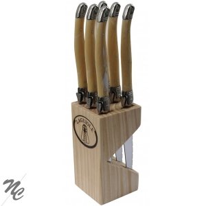 Pradel Excellence - Messerblock 6-teilig – Aufbewahrungsblock aus Holz – 6 Messer, gezackte Klingen aus Edelstahl, Griff in Form eines blonden Horns – Küchenutensilien, zeitloser Stil von Pradel Excellence