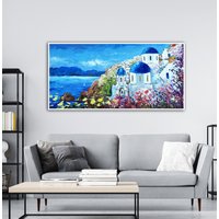 Griechenland Gemälde Santorini, Versandfertig, Seelandschaft, Mediterrane Landschaftskappe, Technik Palette Messer, Santorini Ansicht, Landschaft von PragArtStudio