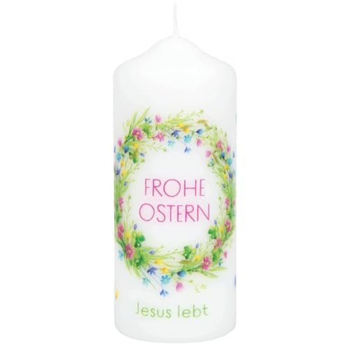 Kerze mit Blütenkranz und rundum kleinen Blüten in frühlingsfrischen Farben und Text "Frohe Ostern - Jesus lebt" von Praisent