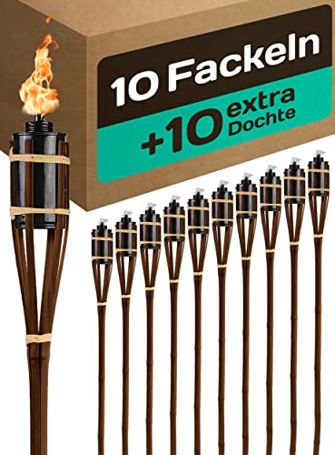 Praknu 10 Gartenfackeln für Draußen - Bambus Holz Braun 90cm - Lange Brenndauer - Nachfüllbar - Ink. 10 extra Dochten von Praknu