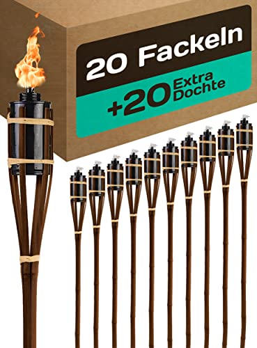 20 Gartenfackeln für Draußen aus Bambus Holz Braun - Lange Brenndauer - Nachfüllbar - Ink. 20 extra Dochten - 90cm von Praknu