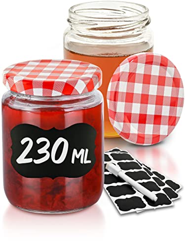 Praknu 25 Marmeladengläser 230 ml mit Deckel - Mit Etiketten & Stift - Luftdicht - Spülmaschinenfest - Ideal zum Verschenken von Praknu