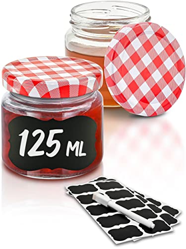 Praknu 25 Marmeladengläser Klein 125ml - Mit Etiketten & Stift - Luftdicht - Spülmaschinenfest - Ideal zum Verschenken von Praknu