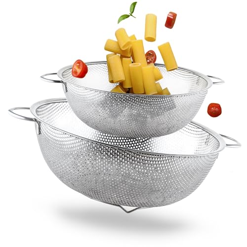 2er Nudelsieb aus Edelstahl - Abtropfsieb mit Standfuß - 28cm / 21cm Set - Spülmaschinenfest - Für Pasta, Obst und Gemüse von Praknu