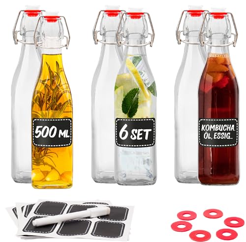 Praknu 6er Set Glasflaschen 500ml Bügelverschluss Eckig - Bügelflaschen Zum Befüllen - inkl 6 Extra Dichtungen & 6 Etiketten mit Stift - Glasflaschen für Öl, Essig, Saft & Limonade von Praknu