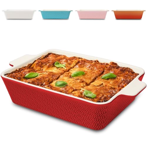 Praknu Auflaufform Groß aus Keramik - Extra Hoher Rand - Für Lasagne, Tiramisu & Auflauf - Eckig - Rot von Praknu