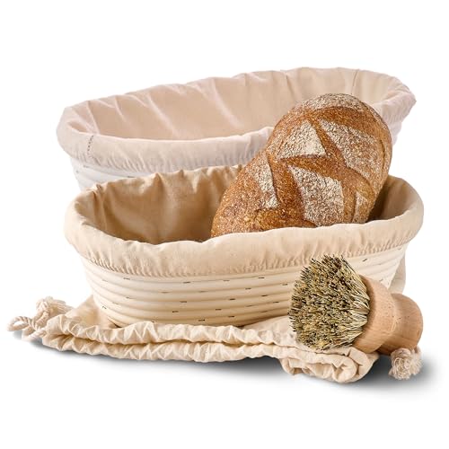 Gärkorb zum Brotbacken 2er Set - Aus nachhaltigem Rattan - Oval - 28 cm - Set inkl. Bürste, Leineneinlage & Brotbeutel - Geruchsneutral von Praknu