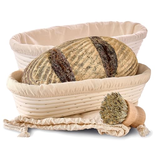 Gärkorb zum Brotbacken 2er Set - Aus nachhaltigem Rattan - Oval - 35 cm - Set inkl. Bürste, Leineneinlage & Brotbeutel - Geruchsneutral von Praknu