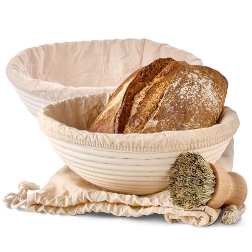 Praknu Gärkorb zum Brotbacken 2er Set - Aus nachhaltigem Rattan - Rund - 25cm - Set inkl. Bürste, Leineneinlage & Brotbeutel - Geruchsneutral von Praknu