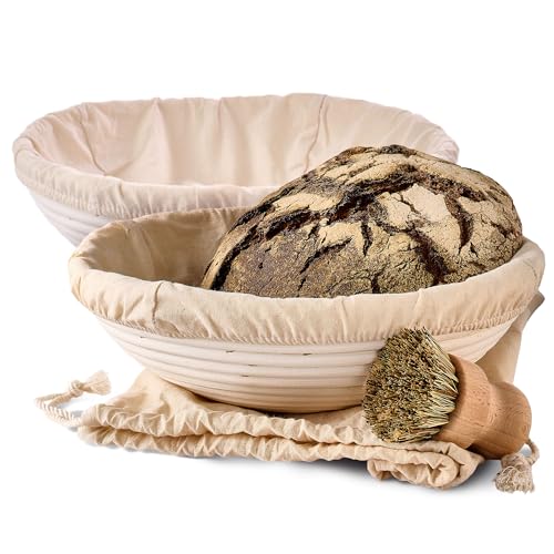 Gärkorb zum Brotbacken 2er Set - Aus nachhaltigem Rattan - Rund - 30cm - Set inkl. Bürste, Leineneinlage & Brotbeutel - Geruchsneutral von Praknu