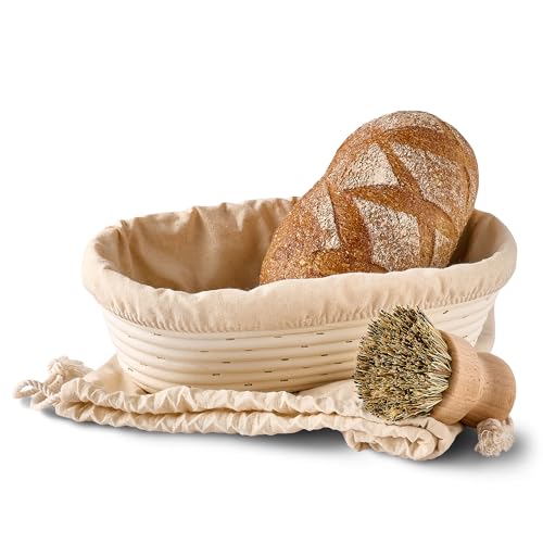 Gärkorb zum Brotbacken - Aus nachhaltigem Rattan - Oval - 28cm - Set inkl. Bürste, Leineneinlage & Brotbeutel - Geruchsneutral von Praknu