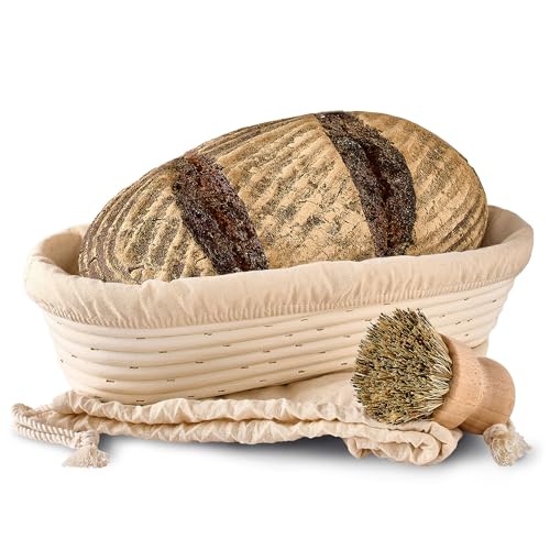 Gärkorb zum Brotbacken - Aus nachhaltigem Rattan - Oval - 35 cm - Set inkl. Bürste, Leineneinlage & Brotbeutel - Geruchsneutral von Praknu