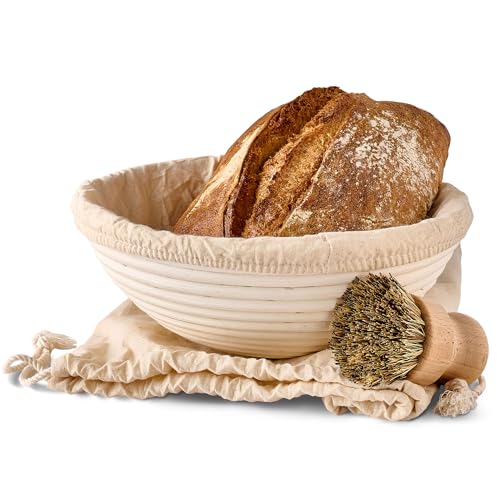 Gärkorb zum Brotbacken - Aus nachhaltigem Rattan - Rund - 25cm - Set inkl. Bürste, Leineneinlage & Brotbeutel - Geruchsneutral von Praknu