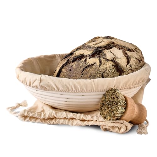 Praknu Gärkorb zum Brotbacken - Aus nachhaltigem Rattan - Rund - Set inkl. Bürste, Leineneinlage & Brotbeutel - Geruchsneutral von Praknu