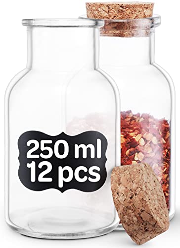 Praknu Gewürzgläser mit Korken 250ml - 12er Set mit Etiketten - Luftdicht - Spülmaschinenfest - für Tee, Kräuter und Gewürze von Praknu