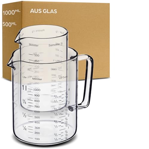 Glas Messbecher mit Ausguss - 1L & 500ml - Hitzebeständig & Mikrowellengeeignet - Präzise Skala - Ideal zum Backen, Kochen und Mischen (1000ml + 500ml) von Praknu