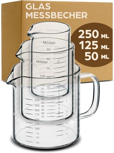 Glas Messbecher Set mit Ausguss - 50ml, 125ml, 250ml Präzise Skala - Stapelbar - Hitzebeständig & Mikrowellengeeignet von Praknu