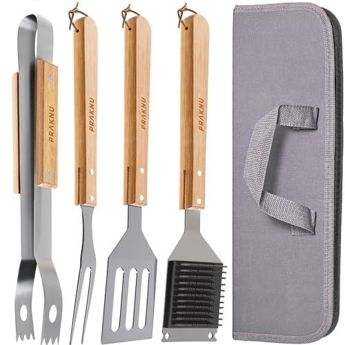 Praknu Grillbesteck Set mit Holzgriffen - Mit Tragetasche Hitzebeständig, Rostfrei und Robust - Set mit Grillbürste, Zange, Wender und Fleischgabel von Praknu