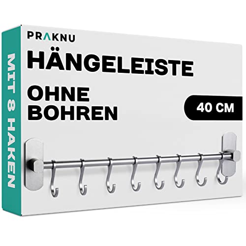 Hakenleiste für Küchenutensilien mit 8 Haken - Ohne Bohren - Selbstklebend - 40 cm - Verstellbar von Praknu