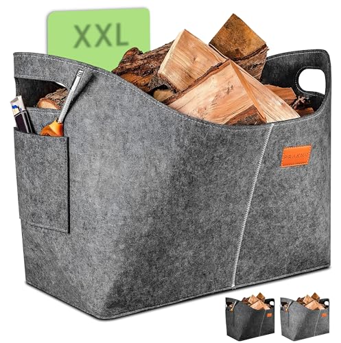 Kaminholzkorb Groß - Holzkorb aus Recyceltem Filz - Mit Seitentasche - Robust und Vielseitig Verwendbar - Filztaschen Shopper - Grau von Praknu