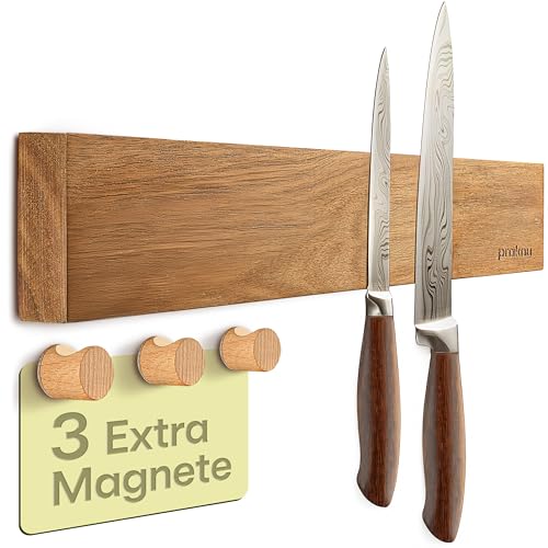 Praknu Magnetleiste für Messer Selbstklebend - 40 cm Akazienholz – Mit 3 Organizer Magnet Haken – Wand Magnetische Messerleiste für bis zu 8 Messer Schwere Messer von Praknu