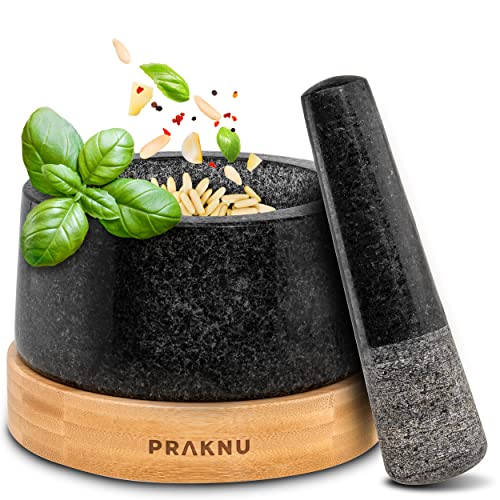 Praknu Mörser mit Stößel aus Granit - Für ein feines Mahlergebnis - Mit Untersetzer aus nachhaltigem FSC® Holz - Leicht zu Reinigen von Praknu