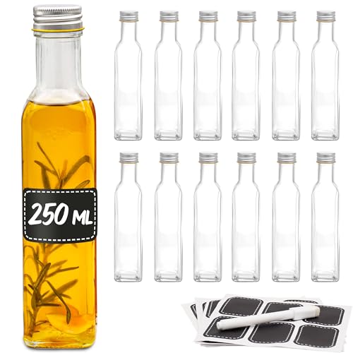 Praknu 12er Set Glasflaschen 250ml Schraubverschluss Eckig - Leere Flaschen zum Befüllen - 12 Etiketten mit Stift - Glasflaschen für Öl, Essig, Saft & Limonade von Praknu