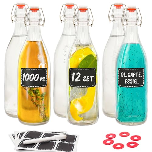 Praknu 12er Set Glasflaschen 1l mit Bügelverschluss - Bügelflaschen Zum Befüllen - inkl 12 Extra Dichtungen & 24 Etiketten mit Stift - Glasflaschen für Öl, Essig, Saft & Limonade von Praknu