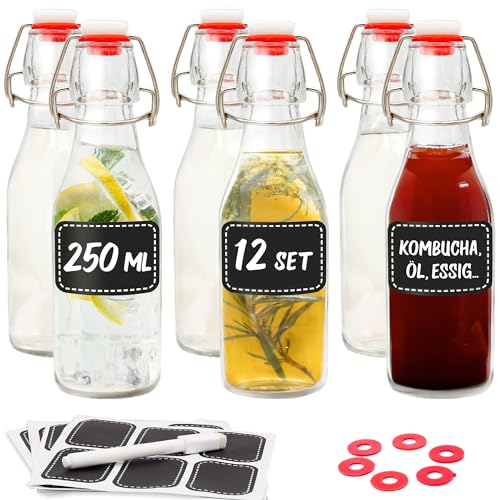 Praknu 12er Set Glasflaschen 250ml mit Bügelverschluss - Bügelflaschen Zum Befüllen - inkl. 6 Extra Dichtungen & 12 Etiketten mit Stift - Glasflaschen für Öl, Essig, Saft & Limonade von Praknu
