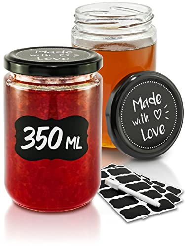 Praknu 24 Einmachgläser mit Deckel 350ml - Mit Etiketten & Stift - Luftdicht - Spülmaschinenfest - Ideal zum Verschenken von Praknu