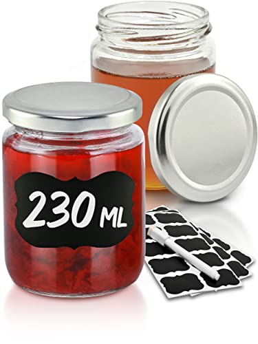 Praknu 25 Marmeladengläser 230 ml mit Deckel - Mit Etiketten & Stift - Luftdicht - Spülmaschinenfest - Ideal zum Verschenken von Praknu