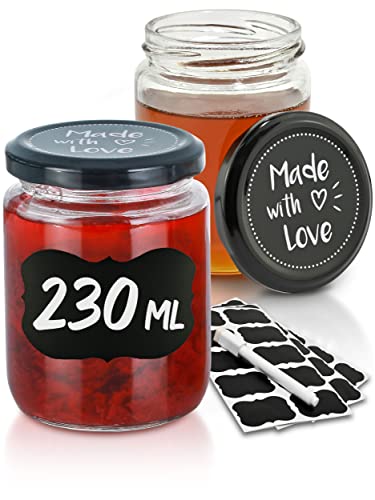 Praknu 25 Marmeladengläser 230 ml mit Deckel - Mit Etiketten & Stift - Luftdicht - Spülmaschinenfest - Ideal zum Verschenken von Praknu