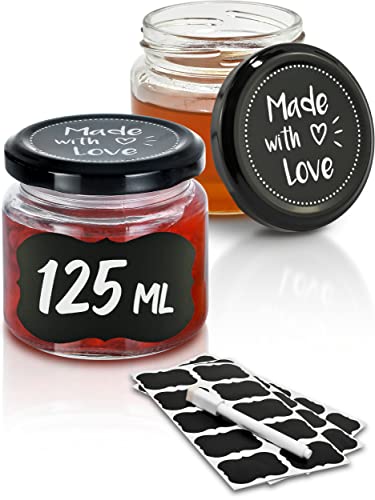 Praknu 25 Marmeladengläser Klein 125ml - Mit Etiketten & Stift - Luftdicht - Spülmaschinenfest - Ideal zum Verschenken von Praknu