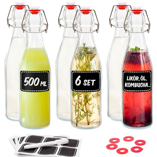 Praknu 6er Set Glasflaschen 500ml mit Bügelverschluss - Bügelflaschen Zum Befüllen - inkl 6 Extra Dichtungen & 12 Etiketten mit Stift - Glasflaschen für Öl, Essig, Saft & Limonade von Praknu