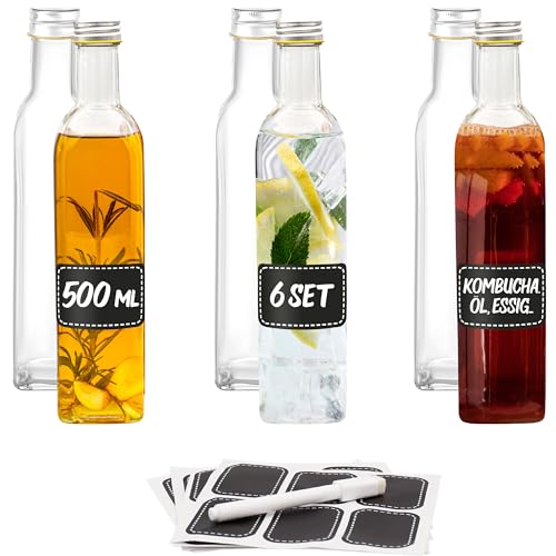 Praknu 6er Set Glasflaschen 500ml Schraubverschluss Eckig - Leere Flaschen zum Befüllen - 6 Etiketten mit Stift - Glasflaschen für Öl, Essig, Saft & Limonade von Praknu