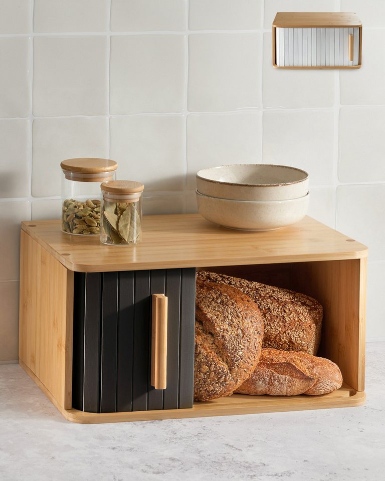 Praknu Brotkasten Großer Brotkasten aus Bambus mit schwarzer Tür, Bambus, FSC® Holz - Platzsparend und stilvolle Brotbox für längere Frische von Praknu