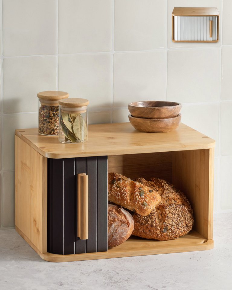 Praknu Brotkasten Kleiner Brotkasten aus Bambus mit schwarzer Tür, Bambus, FSC® Holz - Platzsparend und stilvolle Brotbox für längere Frische von Praknu