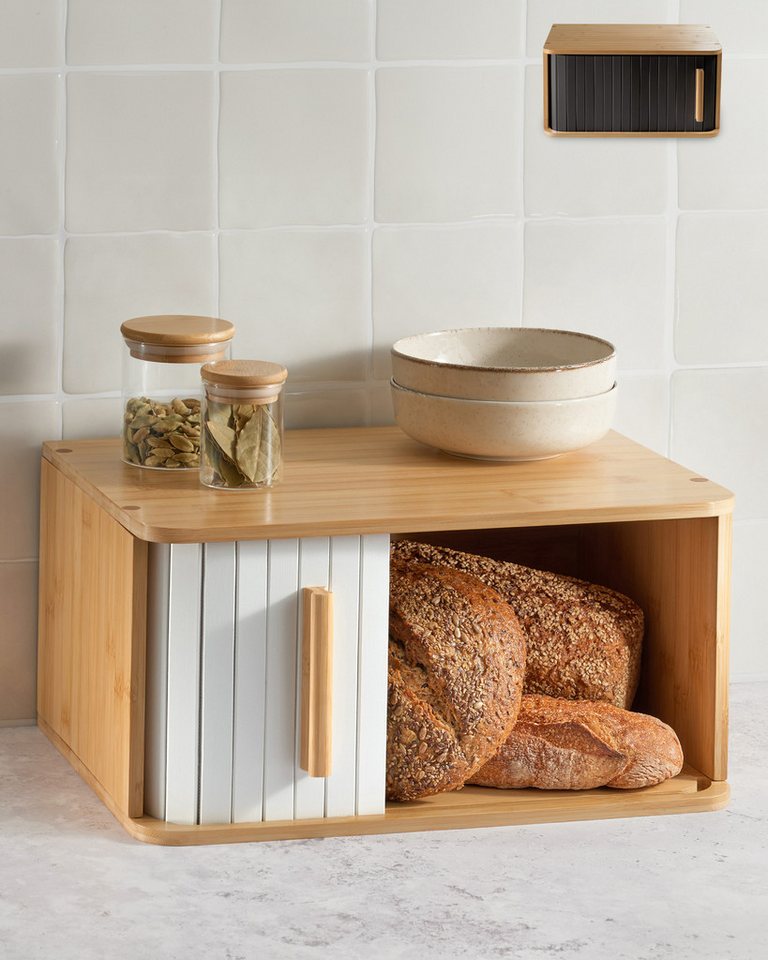 Praknu Brotkasten Großer Brotkasten aus Bambus mit weißer Tür, Bambus, FSC® Holz - Platzsparend und stilvolle Brotbox für längere Frische von Praknu