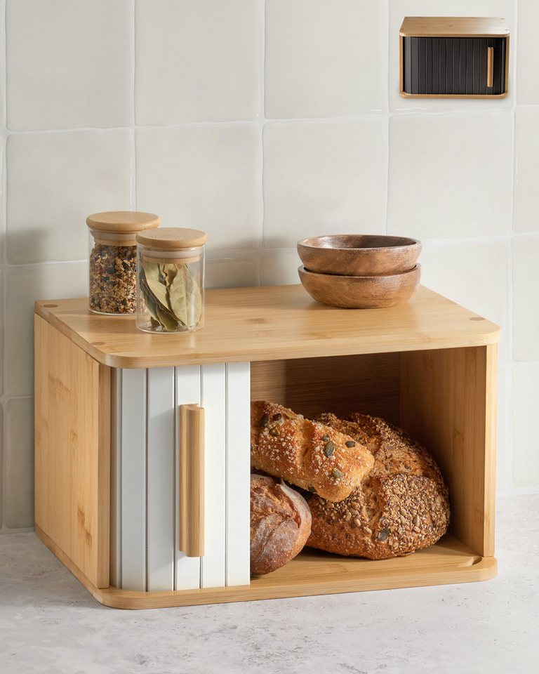 Praknu Brotkasten Kleiner Bambus-Brotkasten mit weißer Tür, Bambus, FSC® Holz - Platzsparend und stilvolle Brotbox für längere Frische von Praknu
